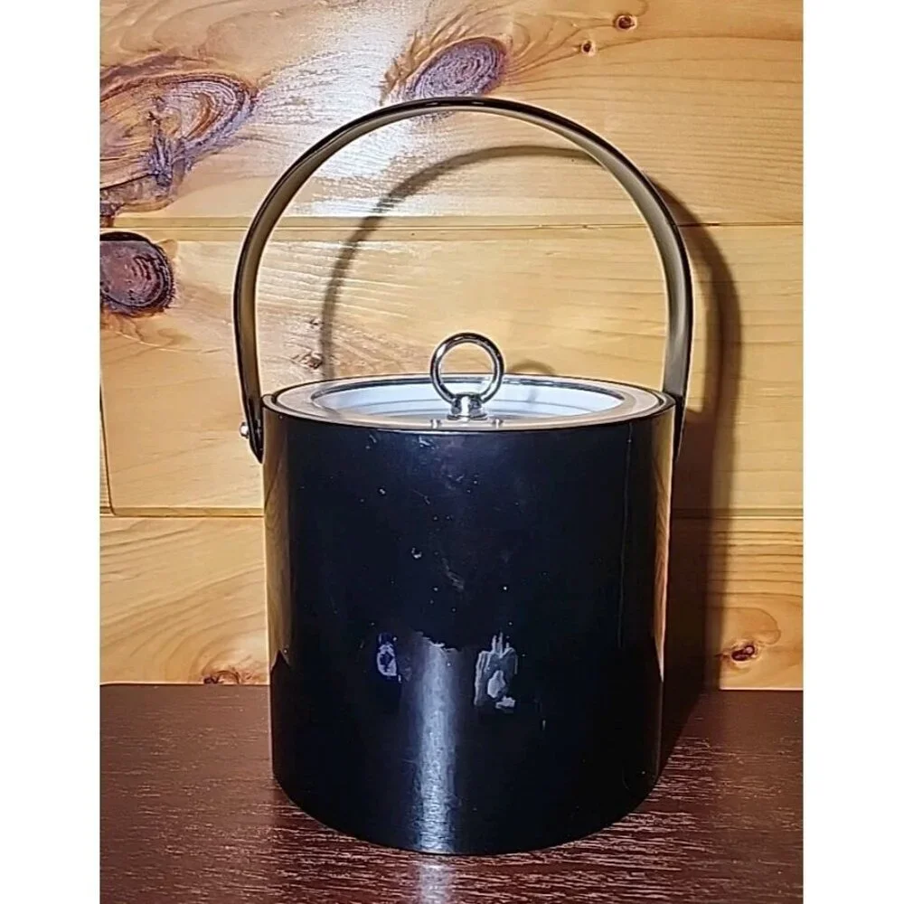 Georges Briard Black Faux Leather Ice Bucket Vintage 1960’s Lucite Lid U.S.A.